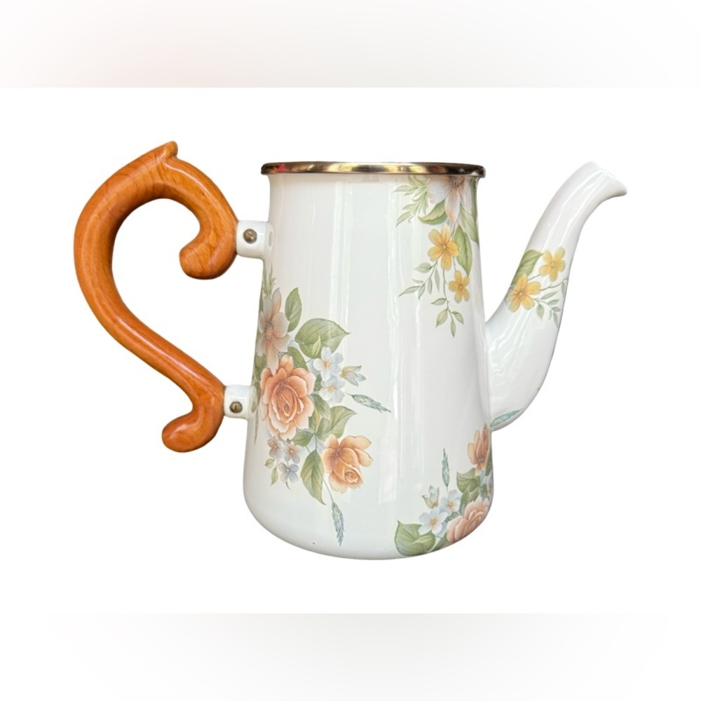 Vintage Mackenzie Childs 1995 Camp Floral Enamel Teapot with Wooden Handle
